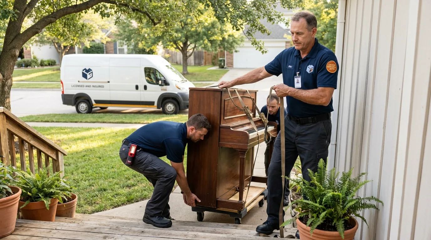 Licensed piano movers securing grand piano in Malibu, CA