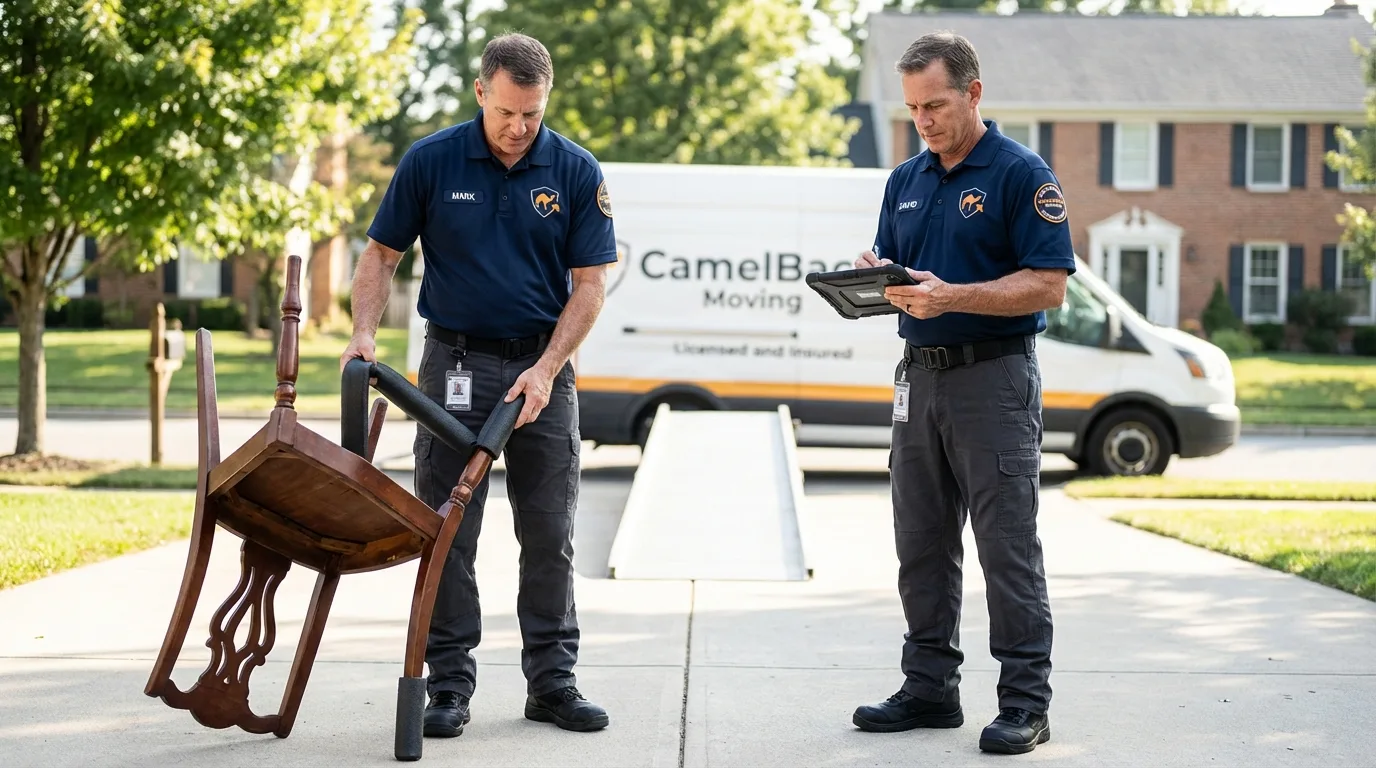 Movers inspecting furniture for damage prevention before loading in Malibu, CA