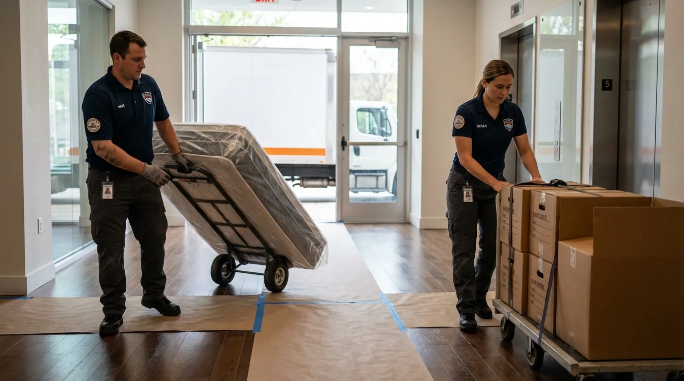 Professional apartment movers loading elevator in Malibu, CA