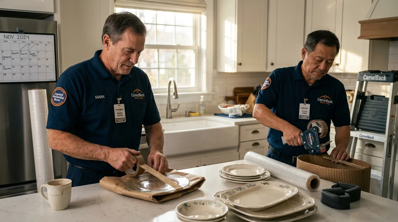 Professional crew packing kitchen dishware in Malibu, CA
